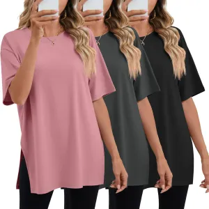 Huukeay 3 Pack Women's Oversized Gym T Shirts Cotton Short Sleeve Side Split Crewneck Tops Casual Workout Baggy Basic Tee