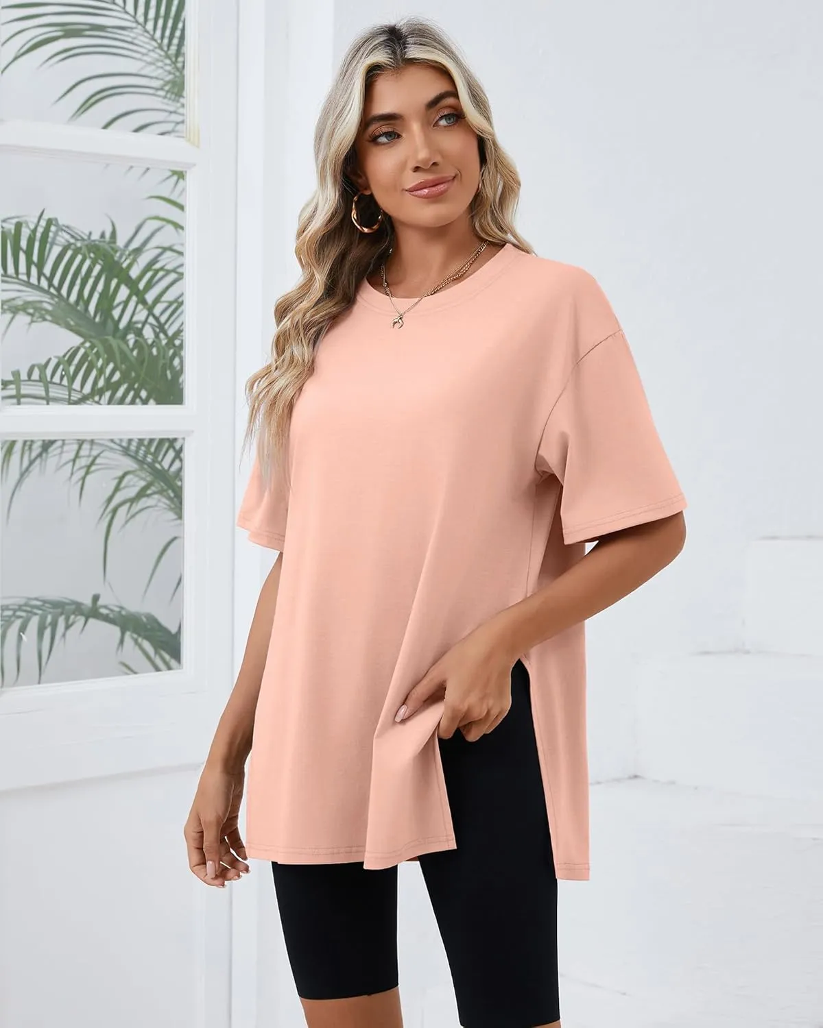 Huukeay 3 Pack Women's Oversized Gym T Shirts Cotton Short Sleeve Side Split Crewneck Tops Casual Workout Baggy Basic Tee