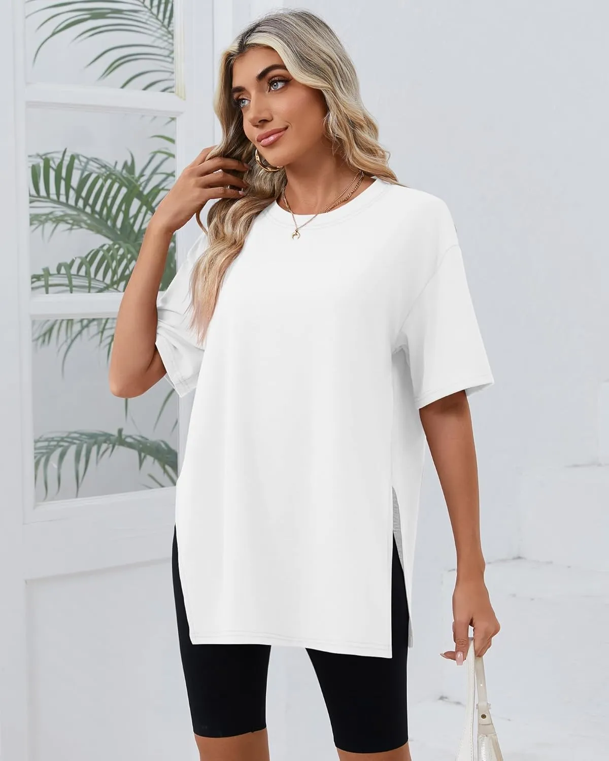 Huukeay 3 Pack Women's Oversized Gym T Shirts Cotton Short Sleeve Side Split Crewneck Tops Casual Workout Baggy Basic Tee