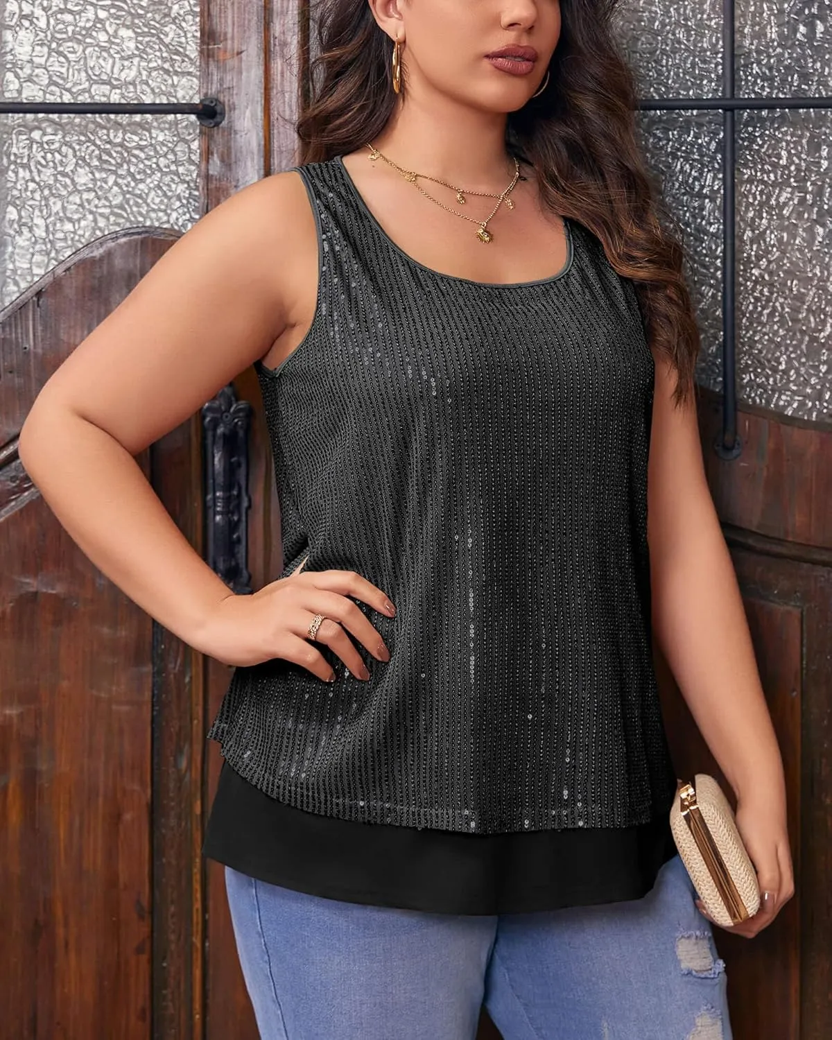 Imily Bela Womens Plus Size Sequin Tank Tops Summer Scoop Neck Sleeveless T-shirts Sexy Sparkle Shimmer Tunic Tops