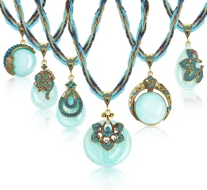 Inbagi 6 Pieces Women Bohemian Necklaces Turquoise Statement Valentines Day Necklaces Gifts Boho Twist Woven Rope Chunky Chain Turquoise Rhinestone Pendant Jewelry Vintage Collar Necklace for Ladies