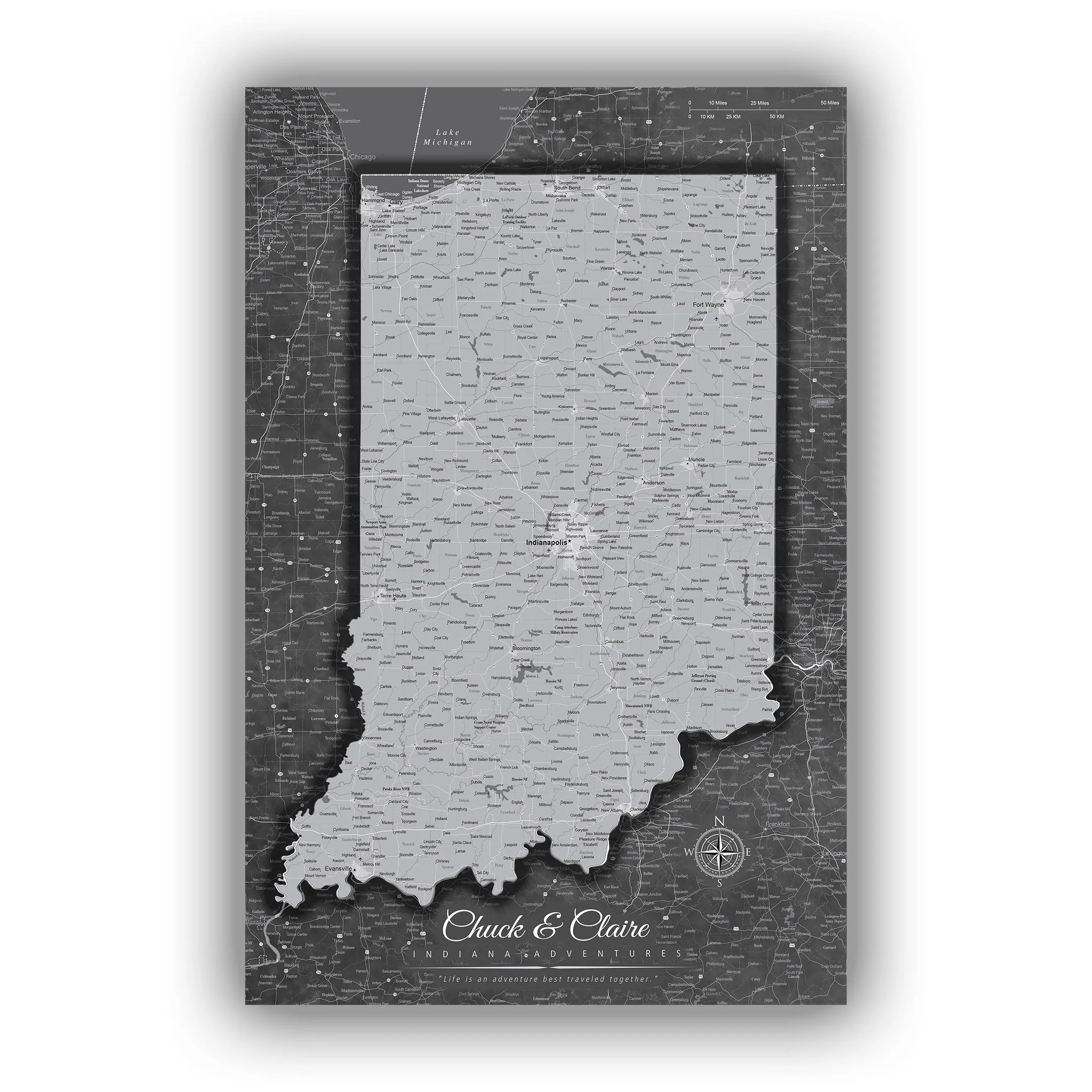 Indiana Push Pin State Travel Map Wall Art - Grey | Holy Cow Canvas
