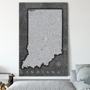 Indiana Push Pin State Travel Map Wall Art - Grey | Holy Cow Canvas