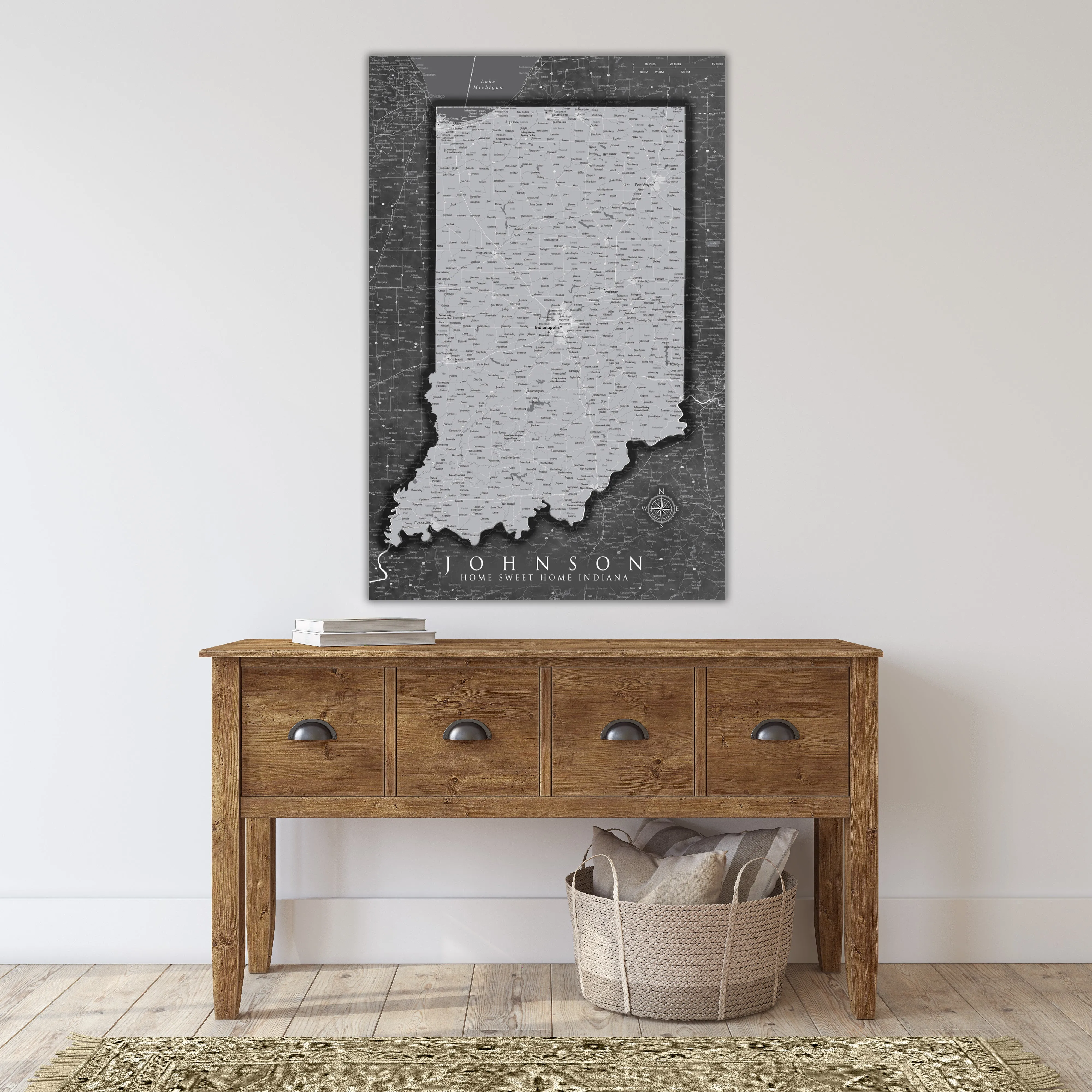 Indiana Push Pin State Travel Map Wall Art - Grey | Holy Cow Canvas