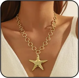 INENIMARTJ Gold Starfish Necklace for Women Chunky Gold Necklace Large Starfish Pendant Choker Necklaces Summer Ocean Beach Dresses Jewelry Boho Sea Star Necklaces for Women Beach Party Jewelry