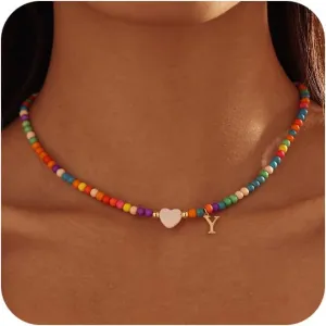 Initial Necklaces for Women,Cute Letter Necklace Gold Plated Summer Beaded Choker Necklaces for Women Trendy Preppy Custom Name Necklace Boho Initial Charm Necklace Dainty Gold Jewelry Gifts