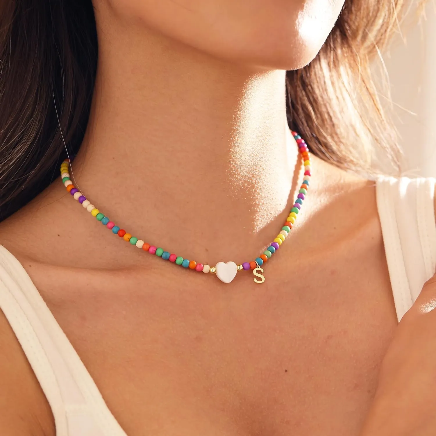 Initial Necklaces for Women,Cute Letter Necklace Gold Plated Summer Beaded Choker Necklaces for Women Trendy Preppy Custom Name Necklace Boho Initial Charm Necklace Dainty Gold Jewelry Gifts