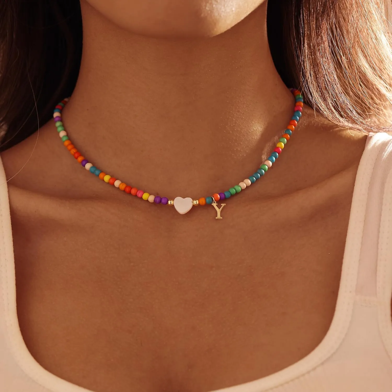 Initial Necklaces for Women,Cute Letter Necklace Gold Plated Summer Beaded Choker Necklaces for Women Trendy Preppy Custom Name Necklace Boho Initial Charm Necklace Dainty Gold Jewelry Gifts