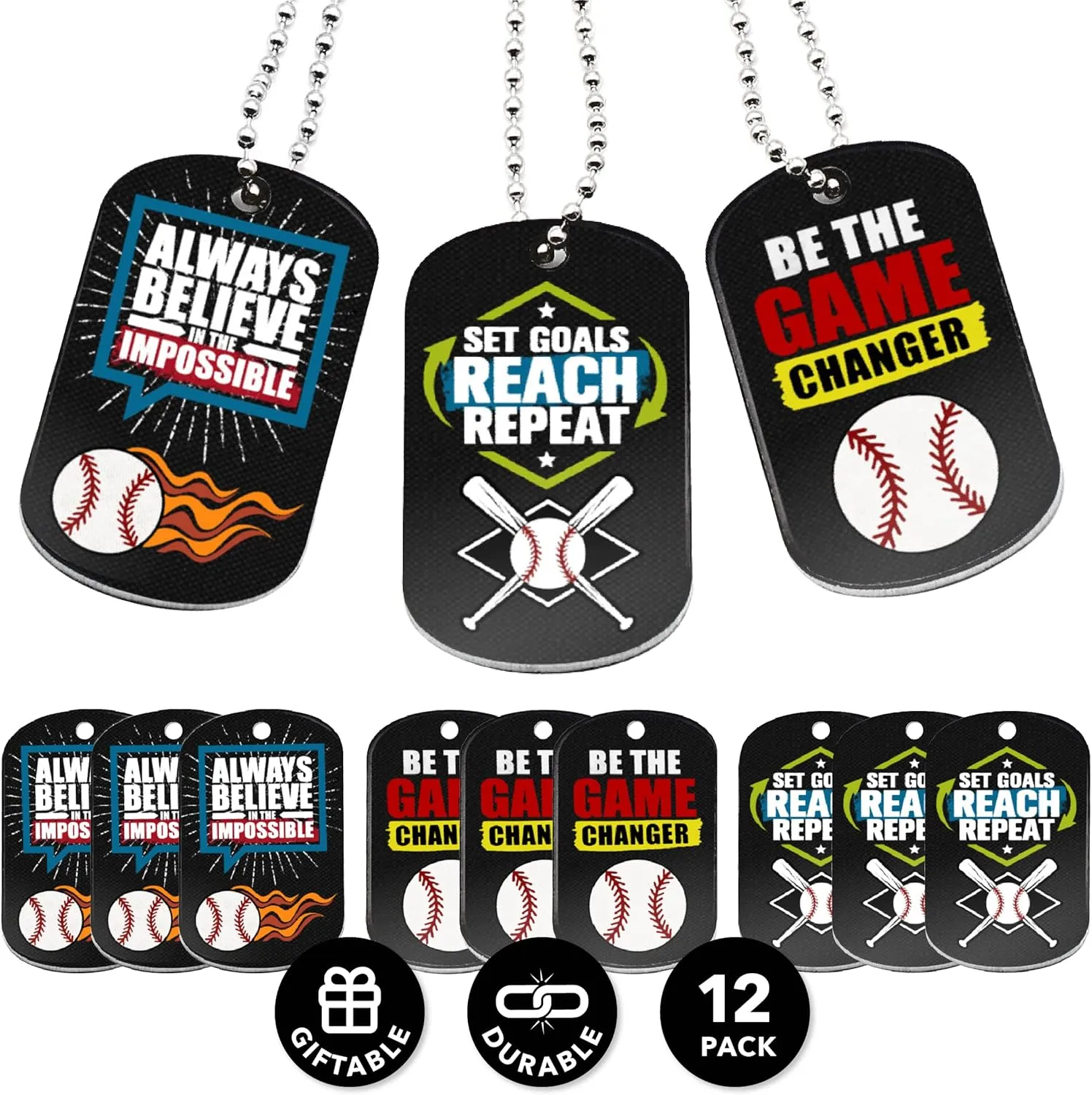 Inkstone Baseball DogTag Necklace | (12 Pack) Sports Inspirational Quote Set Goals Reach Repeat | Aluminum Metal | Encouraging Gifts For Your Team, Friends, Family, Colleagues, and Employee