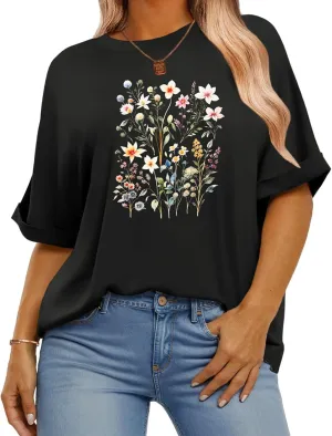 IN'VOLAND Women's Plus Size T Shirts Oversized Tees Summer Half Sleeve Crew Neck Whiskey Graphic Tunic Tops Basic Top