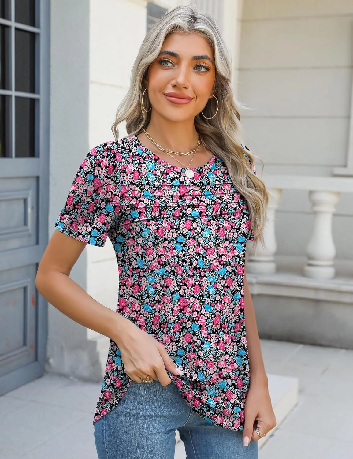 Ivicoer Womens Summer Tops Short Puff Sleeve Dressy Casual Blouses Crew Neck Pleated T Shirts Loose Fit Spring Tunic