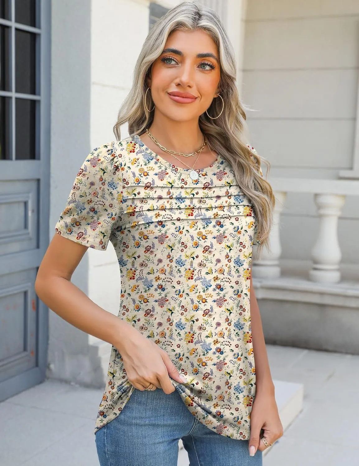 Ivicoer Womens Summer Tops Short Puff Sleeve Dressy Casual Blouses Crew Neck Pleated T Shirts Loose Fit Spring Tunic