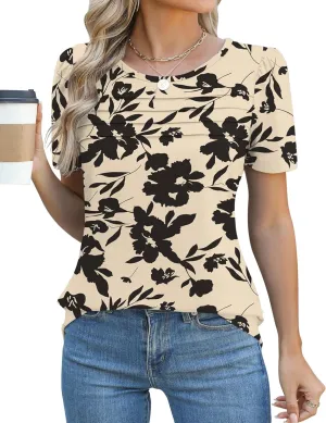 Ivicoer Womens Summer Tops Short Puff Sleeve Dressy Casual Blouses Crew Neck Pleated T Shirts Loose Fit Spring Tunic