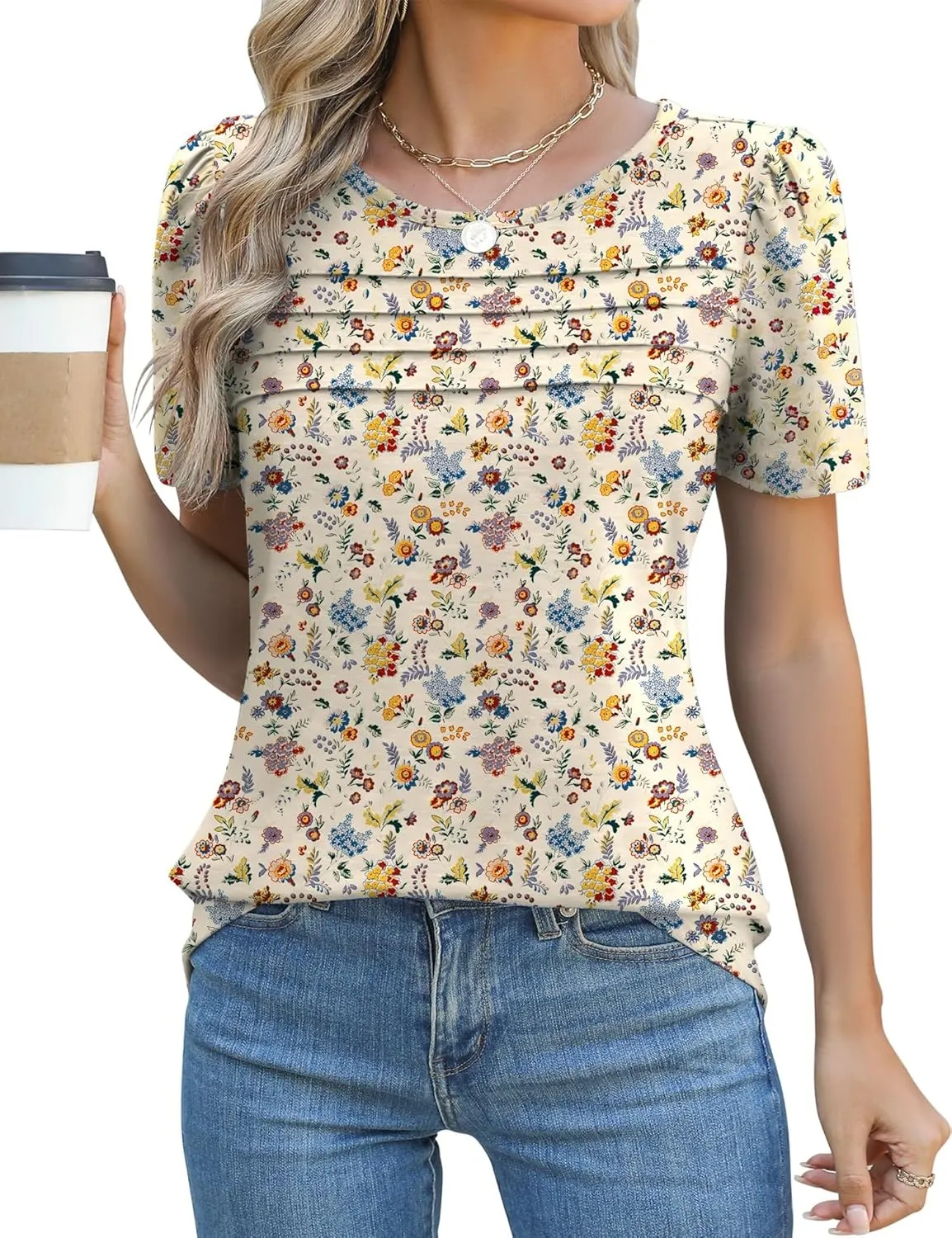Ivicoer Womens Summer Tops Short Puff Sleeve Dressy Casual Blouses Crew Neck Pleated T Shirts Loose Fit Spring Tunic