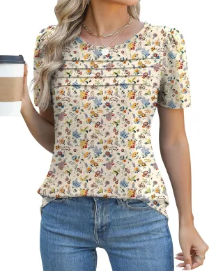 Ivicoer Womens Summer Tops Short Puff Sleeve Dressy Casual Blouses Crew Neck Pleated T Shirts Loose Fit Spring Tunic