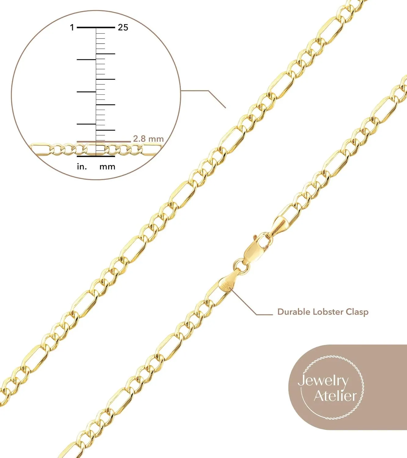 Jewelry Atelier Gold Chain Necklace Collection - 14K Solid Yellow Gold Filled Figaro Chain Necklaces for Women and Men with Different Sizes (2.8mm, 3.7mm, 4.7mm, 5.6mm)