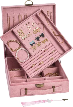Jewelry box, 2 Layers, Velvet Jewelry Storage and Display Box, Large Capacity Double Row Necklace Storage,with Handle, with Lock,Gift for Your Loved Ones, Pink