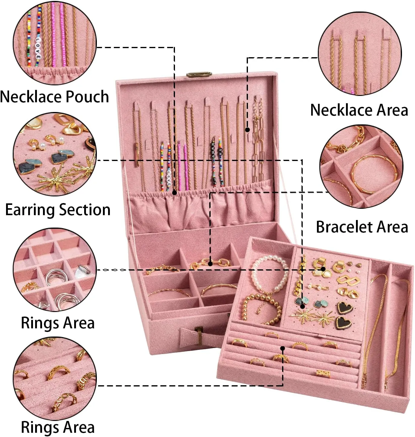 Jewelry box, 2 Layers, Velvet Jewelry Storage and Display Box, Large Capacity Double Row Necklace Storage,with Handle, with Lock,Gift for Your Loved Ones, Pink