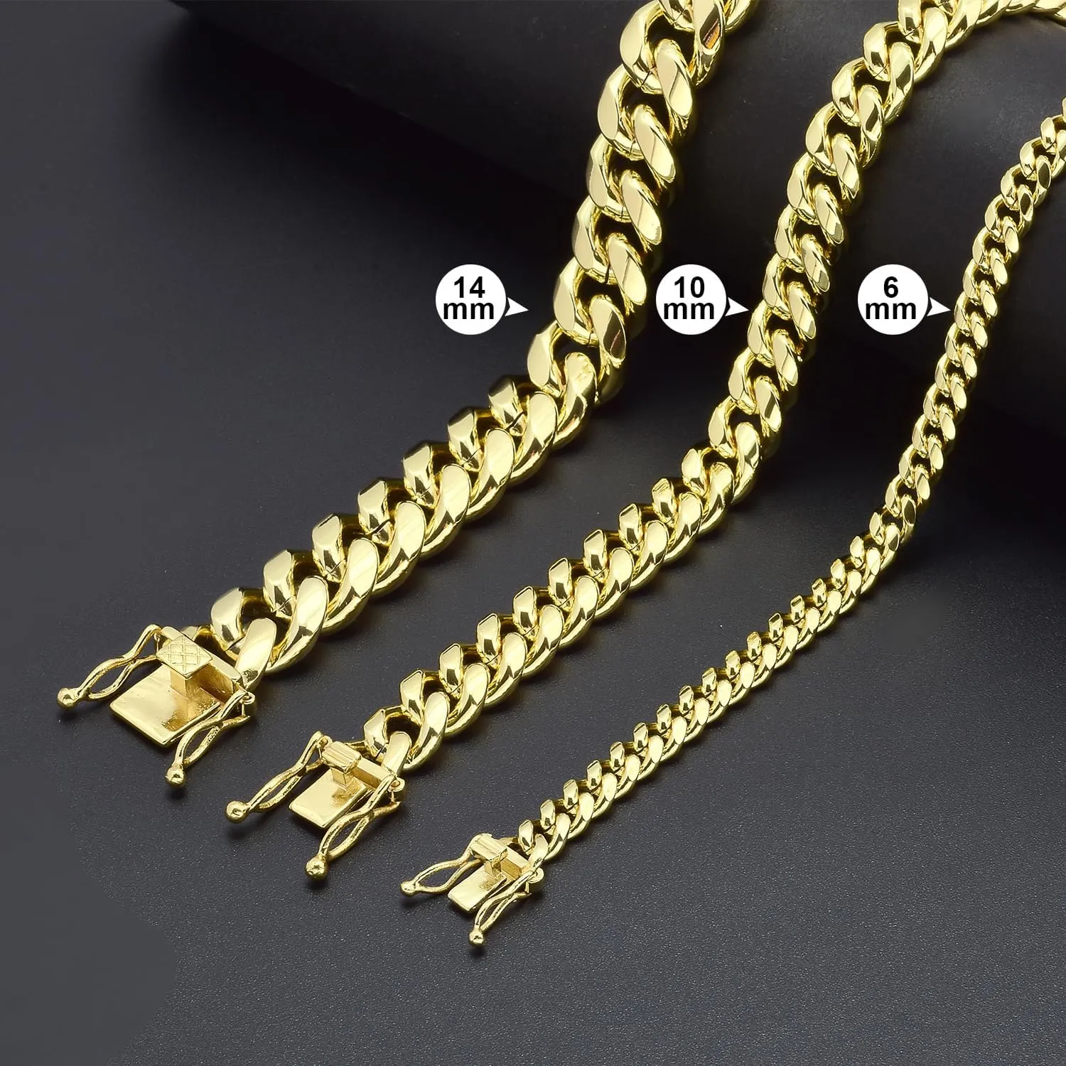 Jewelry Kingdom 1 Gold Chain Necklace Collection 14K Yellow Gold 6mm/10mm/14mm Cuban Link Chain Necklace with Design Quick Release Buckle Clasp for Men or Women