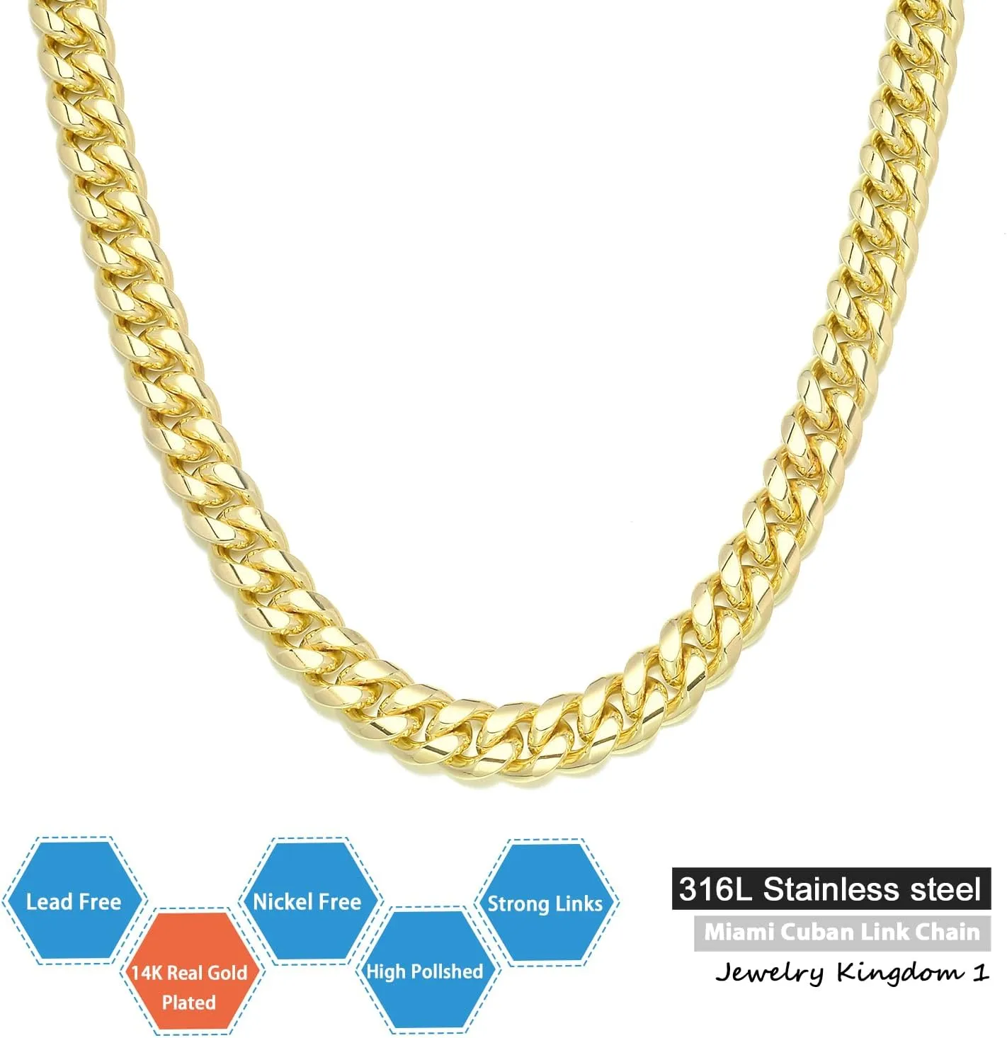 Jewelry Kingdom 1 Gold Chain Necklace Collection 14K Yellow Gold 6mm/10mm/14mm Cuban Link Chain Necklace with Design Quick Release Buckle Clasp for Men or Women
