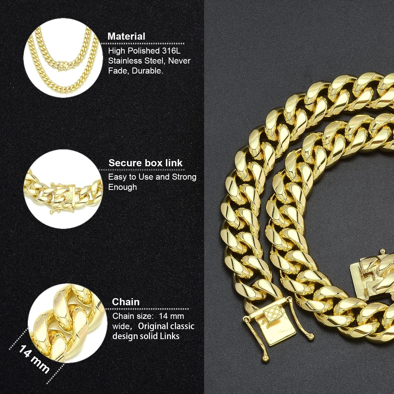 Jewelry Kingdom 1 Gold Chain Necklace Collection 14K Yellow Gold 6mm/10mm/14mm Cuban Link Chain Necklace with Design Quick Release Buckle Clasp for Men or Women