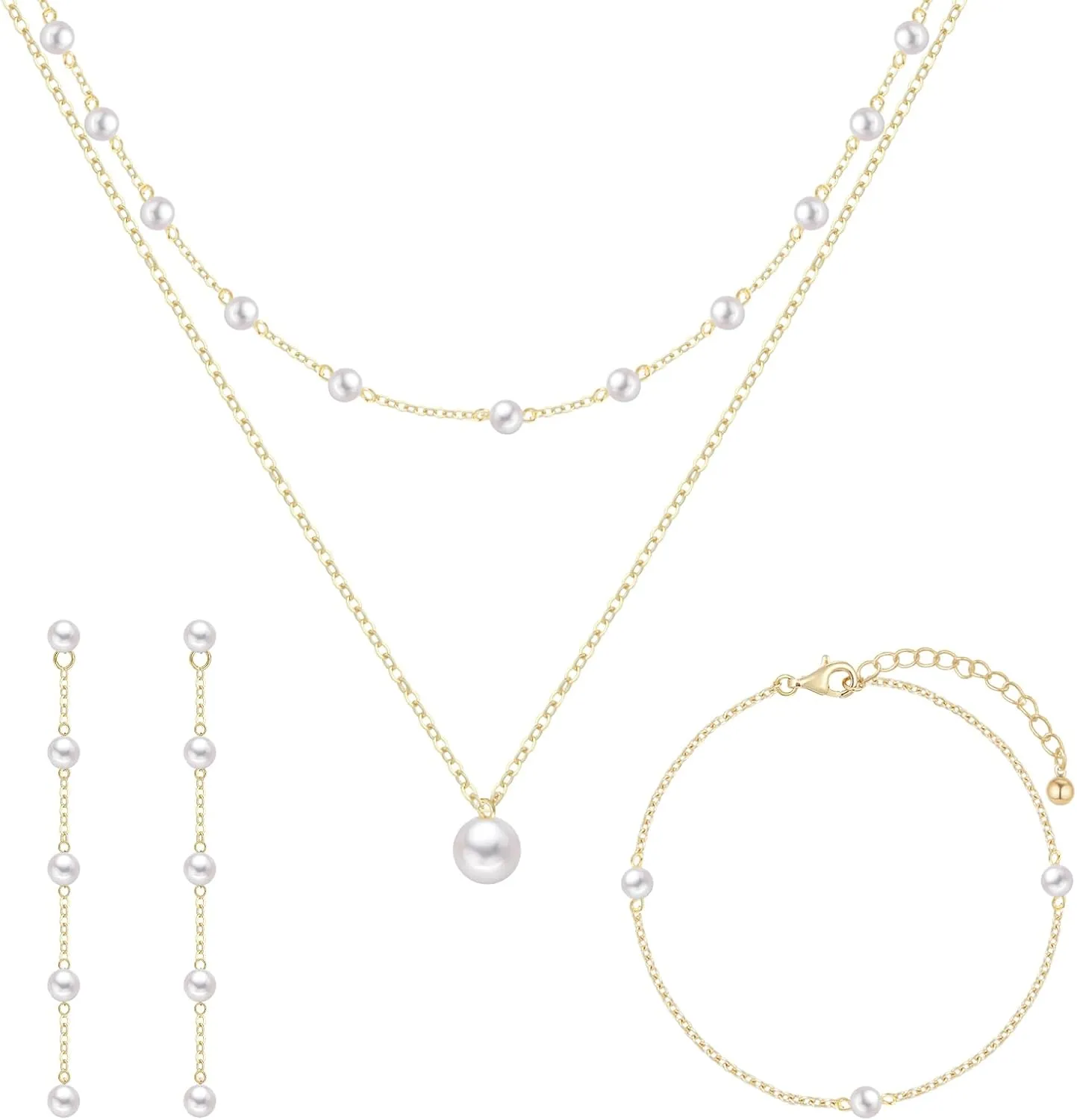Jewelry Set for Women 14K Gold/Silver Plated Jewelry Set with Pearl Necklace and Drop Earring Bracelets