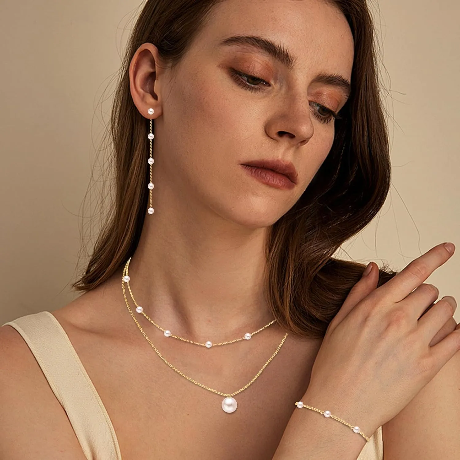 Jewelry Set for Women 14K Gold/Silver Plated Jewelry Set with Pearl Necklace and Drop Earring Bracelets