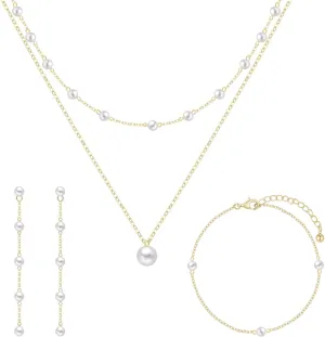 Jewelry Set for Women 14K Gold/Silver Plated Jewelry Set with Pearl Necklace and Drop Earring Bracelets