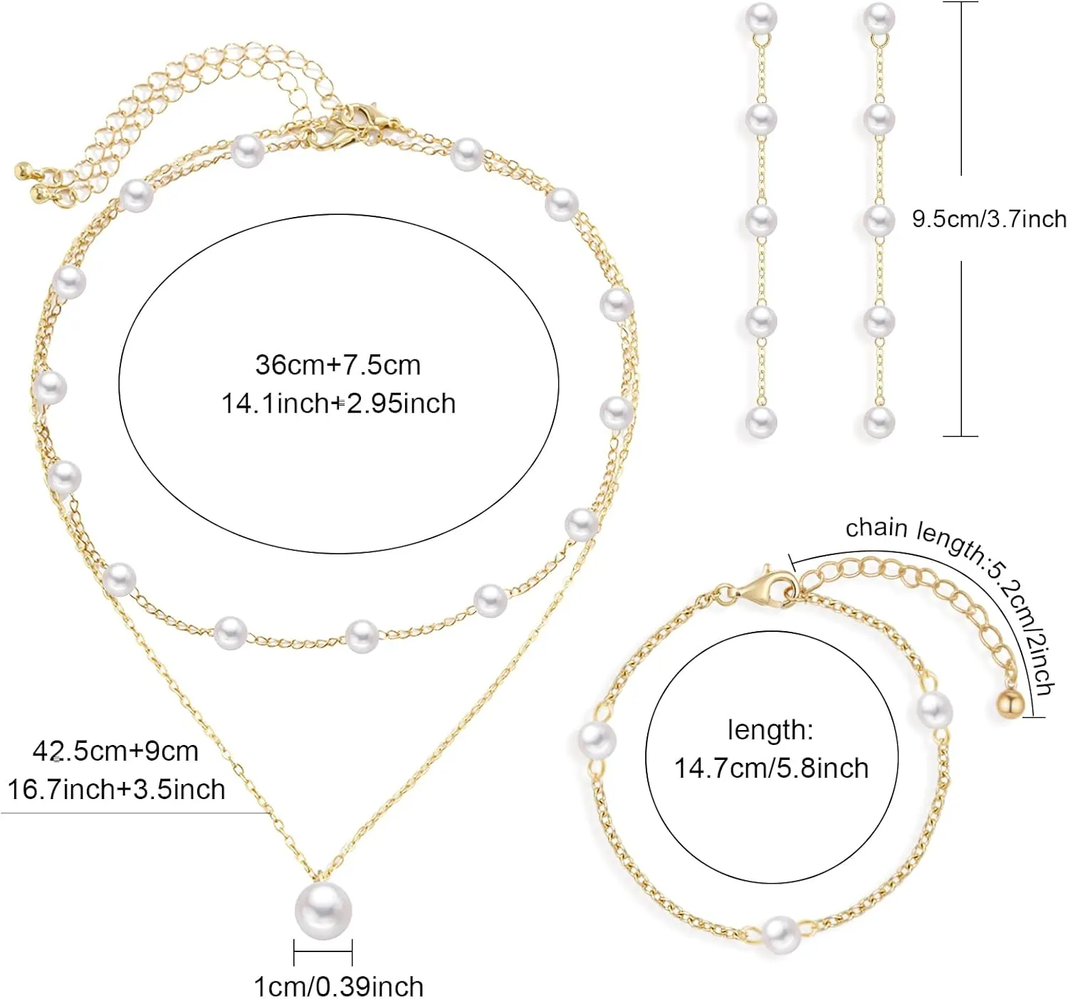 Jewelry Set for Women 14K Gold/Silver Plated Jewelry Set with Pearl Necklace and Drop Earring Bracelets