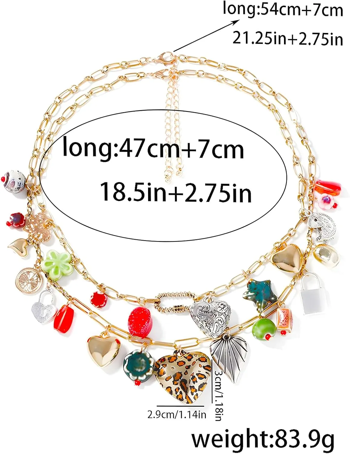 JNF Chunky Layer Heart Charm Necklace for Women Boho Heart Sun Flower Key Coins Charms Necklaces Paperclip Link Chain Necklace Y2K Statement Jewelry