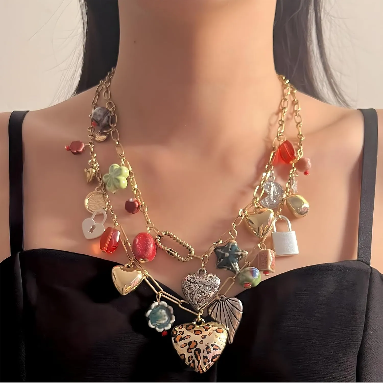 JNF Chunky Layer Heart Charm Necklace for Women Boho Heart Sun Flower Key Coins Charms Necklaces Paperclip Link Chain Necklace Y2K Statement Jewelry