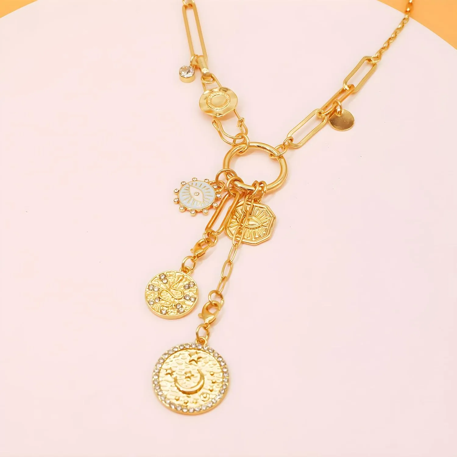 JNF Chunky Layer Heart Charm Necklace for Women Boho Heart Sun Flower Key Coins Charms Necklaces Paperclip Link Chain Necklace Y2K Statement Jewelry