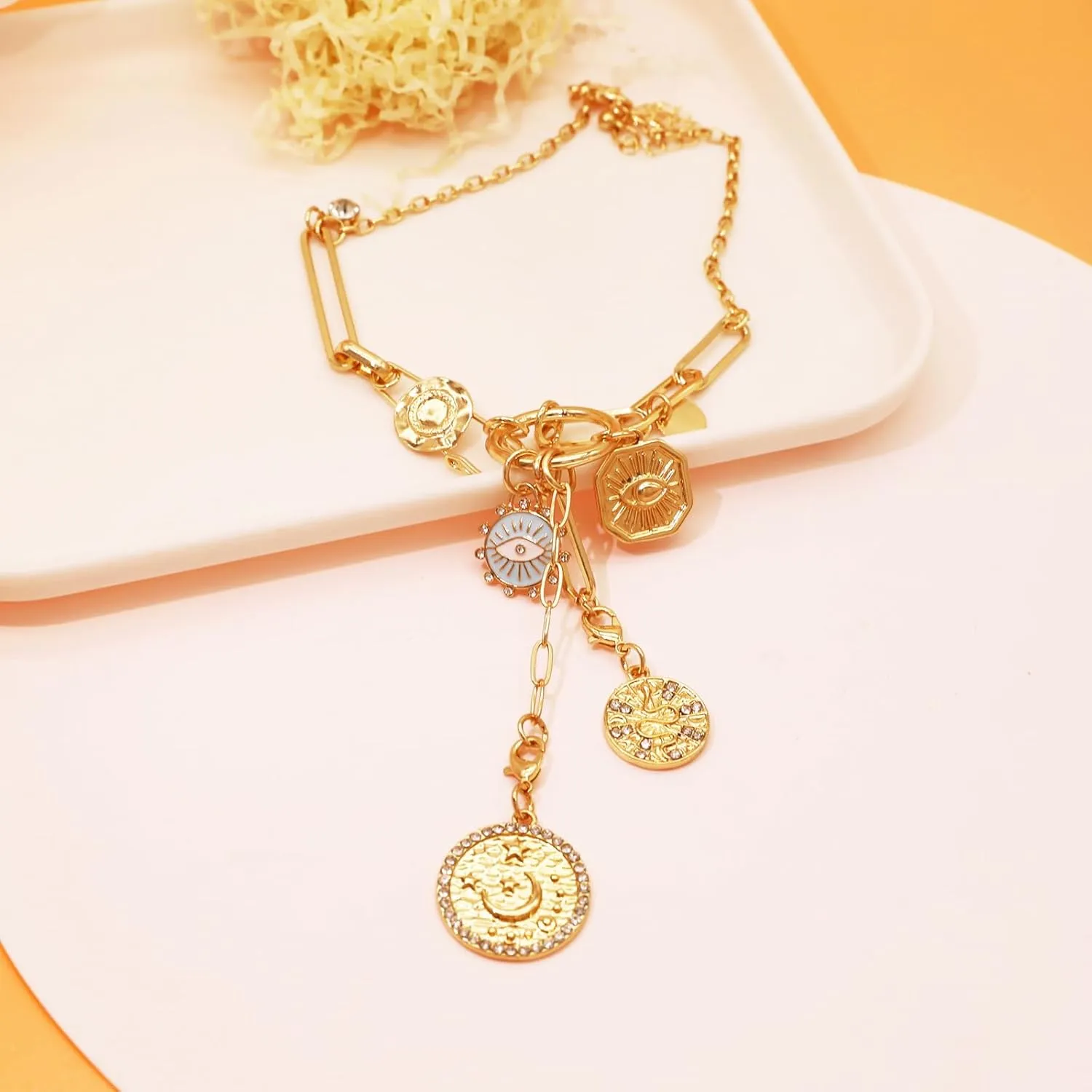 JNF Chunky Layer Heart Charm Necklace for Women Boho Heart Sun Flower Key Coins Charms Necklaces Paperclip Link Chain Necklace Y2K Statement Jewelry