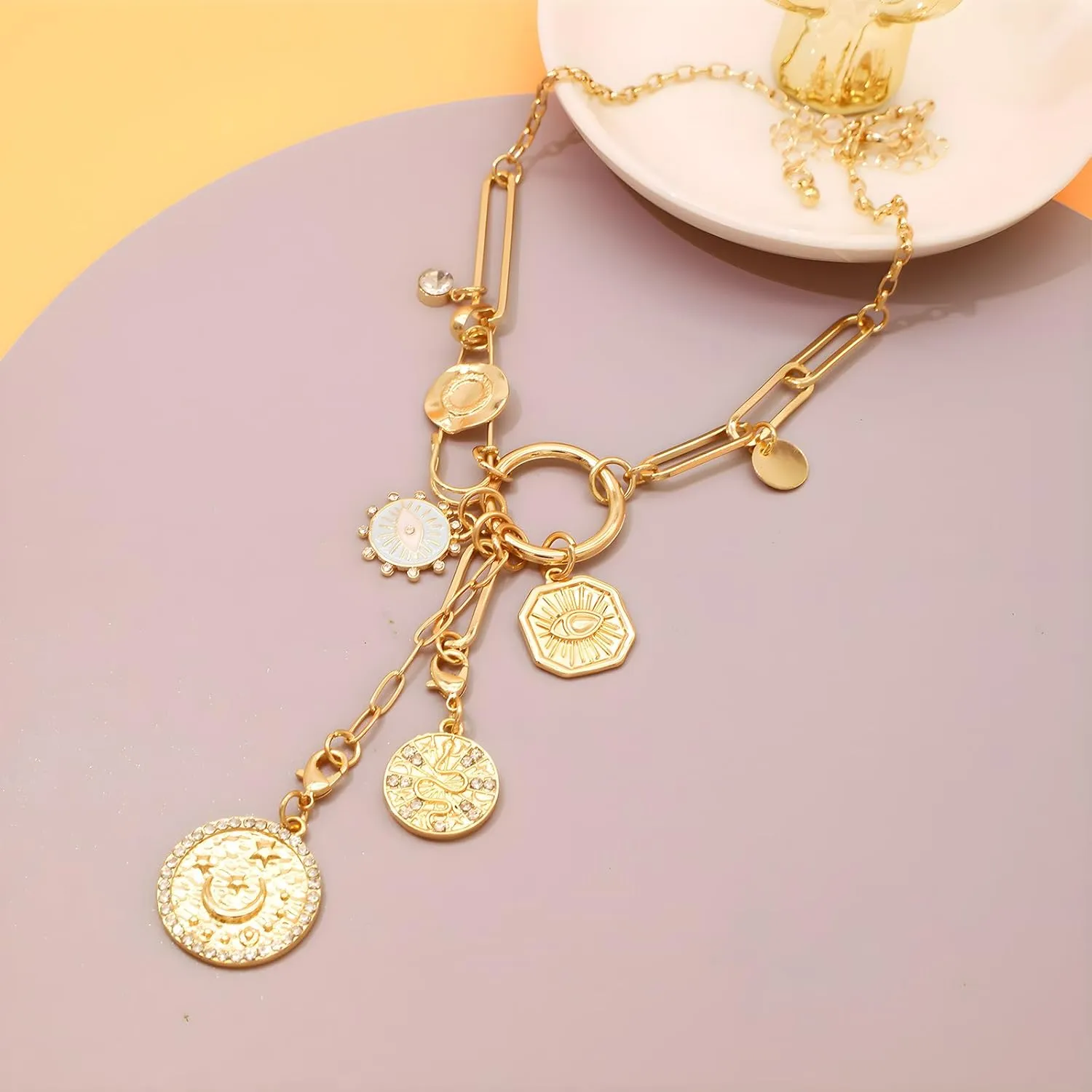 JNF Chunky Layer Heart Charm Necklace for Women Boho Heart Sun Flower Key Coins Charms Necklaces Paperclip Link Chain Necklace Y2K Statement Jewelry