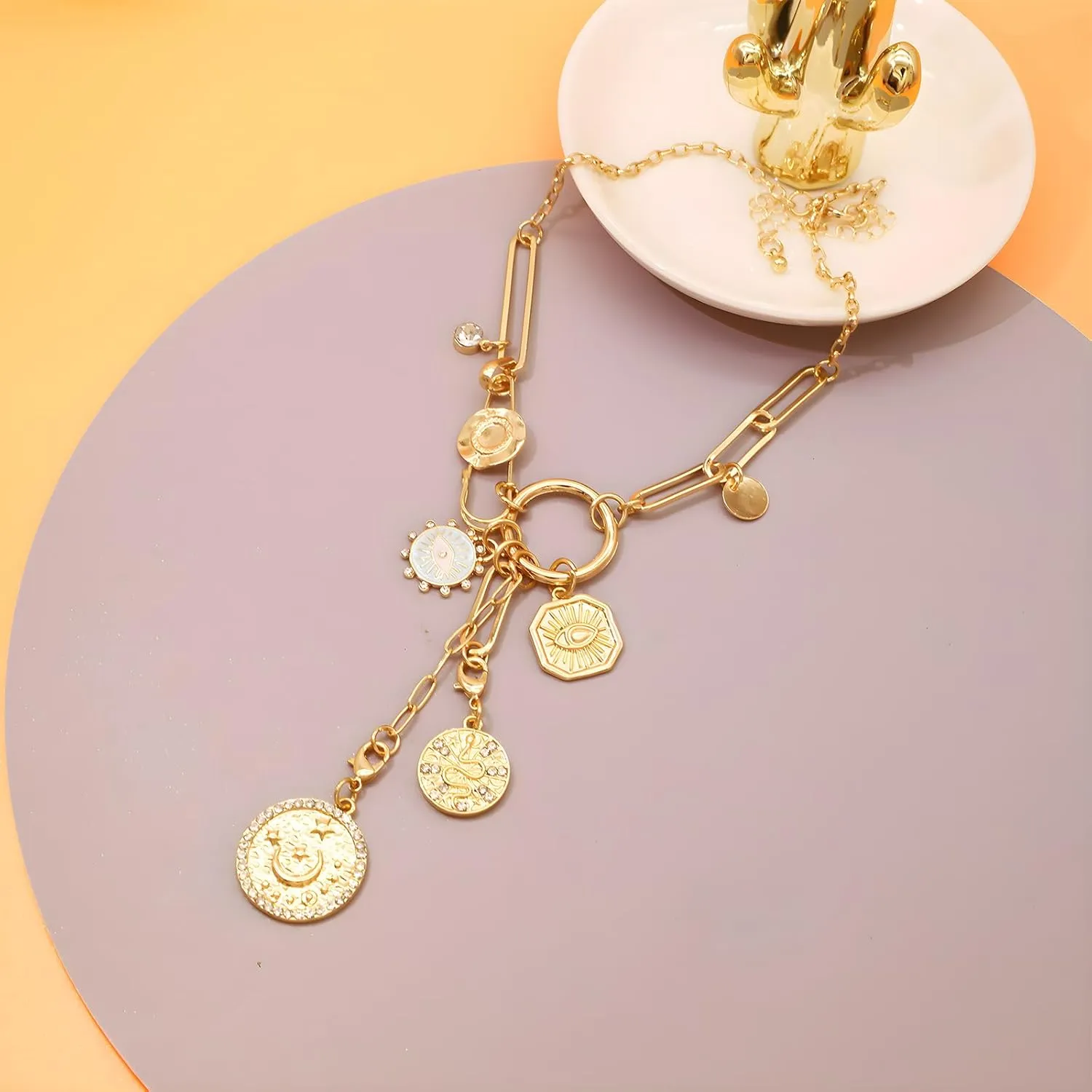 JNF Chunky Layer Heart Charm Necklace for Women Boho Heart Sun Flower Key Coins Charms Necklaces Paperclip Link Chain Necklace Y2K Statement Jewelry