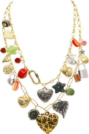 JNF Chunky Layer Heart Charm Necklace for Women Boho Heart Sun Flower Key Coins Charms Necklaces Paperclip Link Chain Necklace Y2K Statement Jewelry