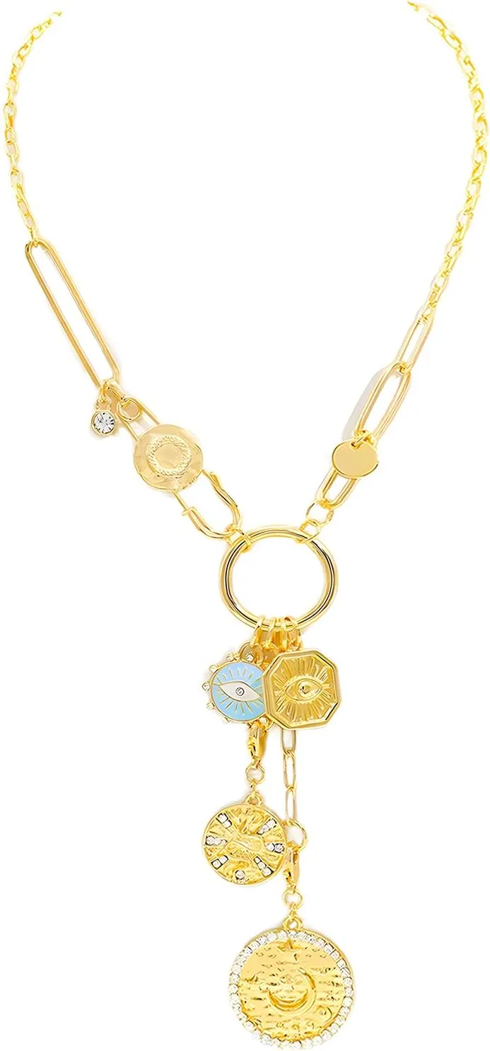 JNF Chunky Layer Heart Charm Necklace for Women Boho Heart Sun Flower Key Coins Charms Necklaces Paperclip Link Chain Necklace Y2K Statement Jewelry