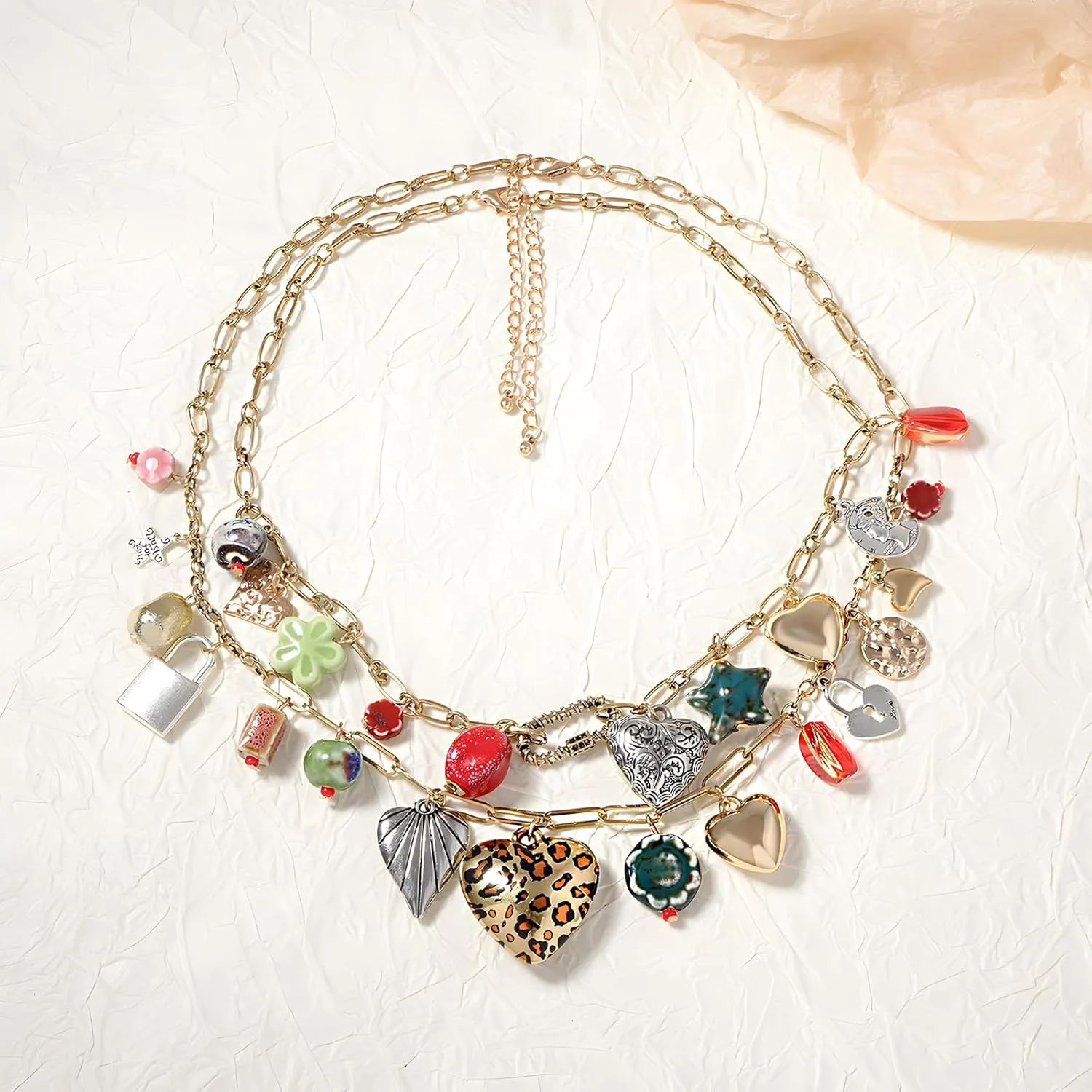 JNF Chunky Layer Heart Charm Necklace for Women Boho Heart Sun Flower Key Coins Charms Necklaces Paperclip Link Chain Necklace Y2K Statement Jewelry