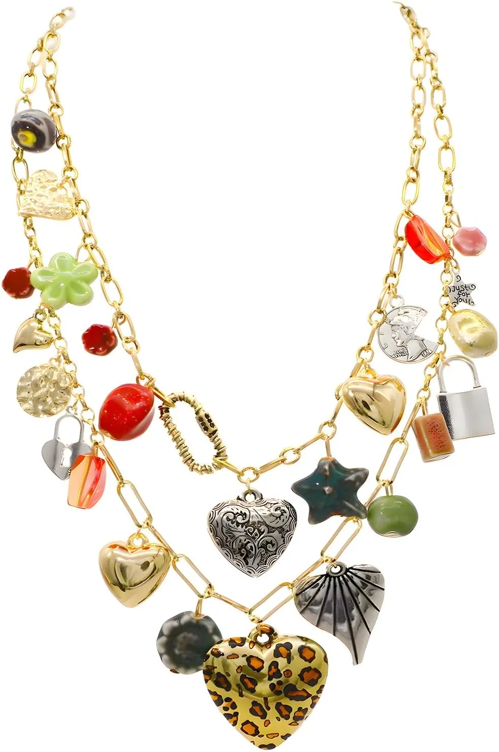 JNF Chunky Layer Heart Charm Necklace for Women Boho Heart Sun Flower Key Coins Charms Necklaces Paperclip Link Chain Necklace Y2K Statement Jewelry