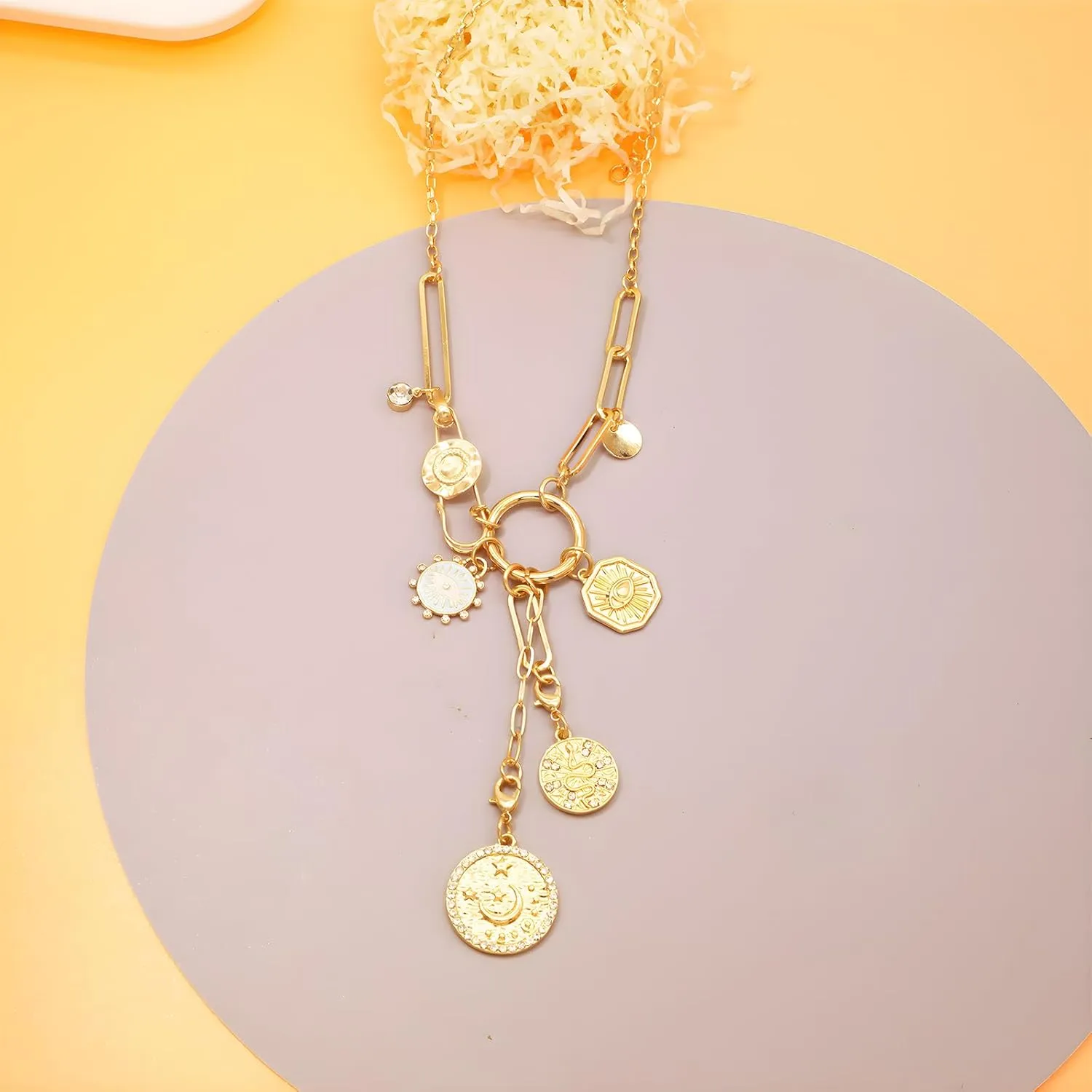 JNF Chunky Layer Heart Charm Necklace for Women Boho Heart Sun Flower Key Coins Charms Necklaces Paperclip Link Chain Necklace Y2K Statement Jewelry