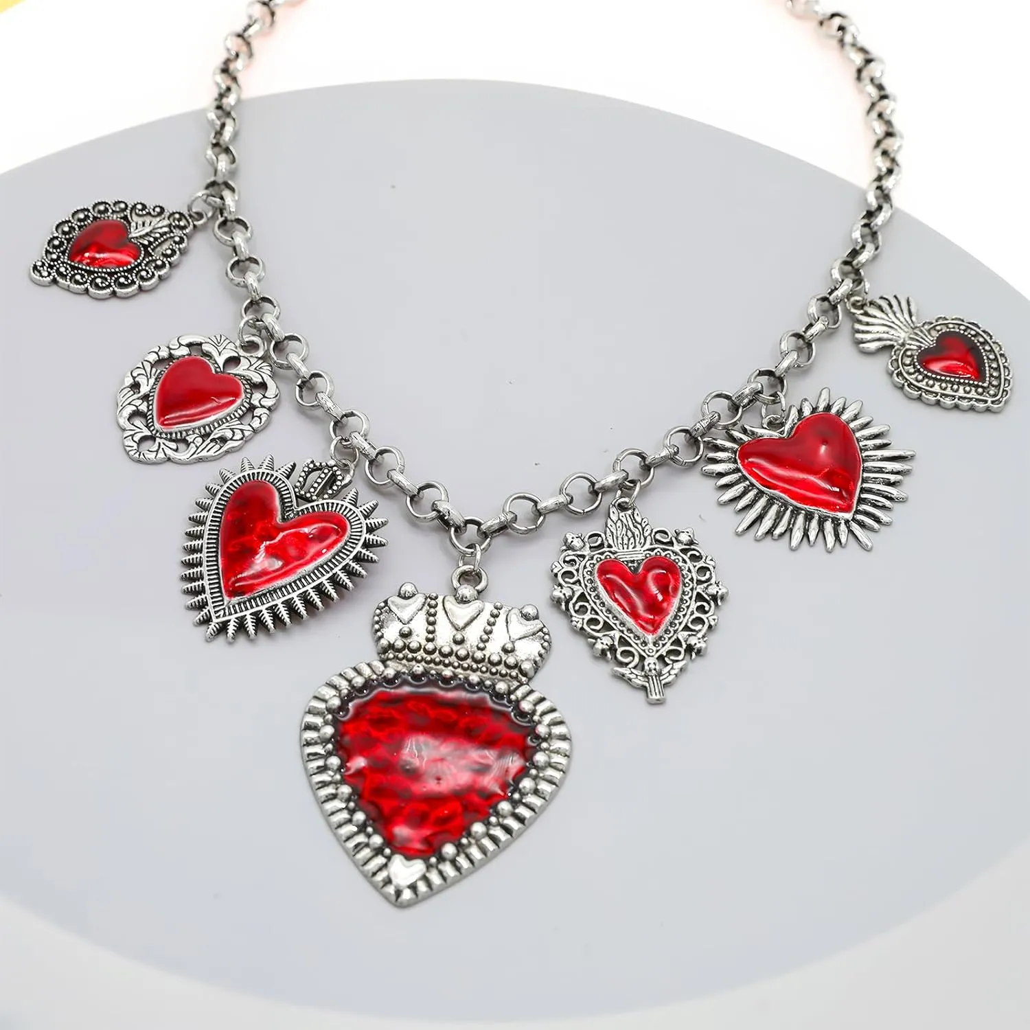 JNF Chunky Layer Heart Charm Necklace for Women Boho Heart Sun Flower Key Coins Charms Necklaces Paperclip Link Chain Necklace Y2K Statement Jewelry