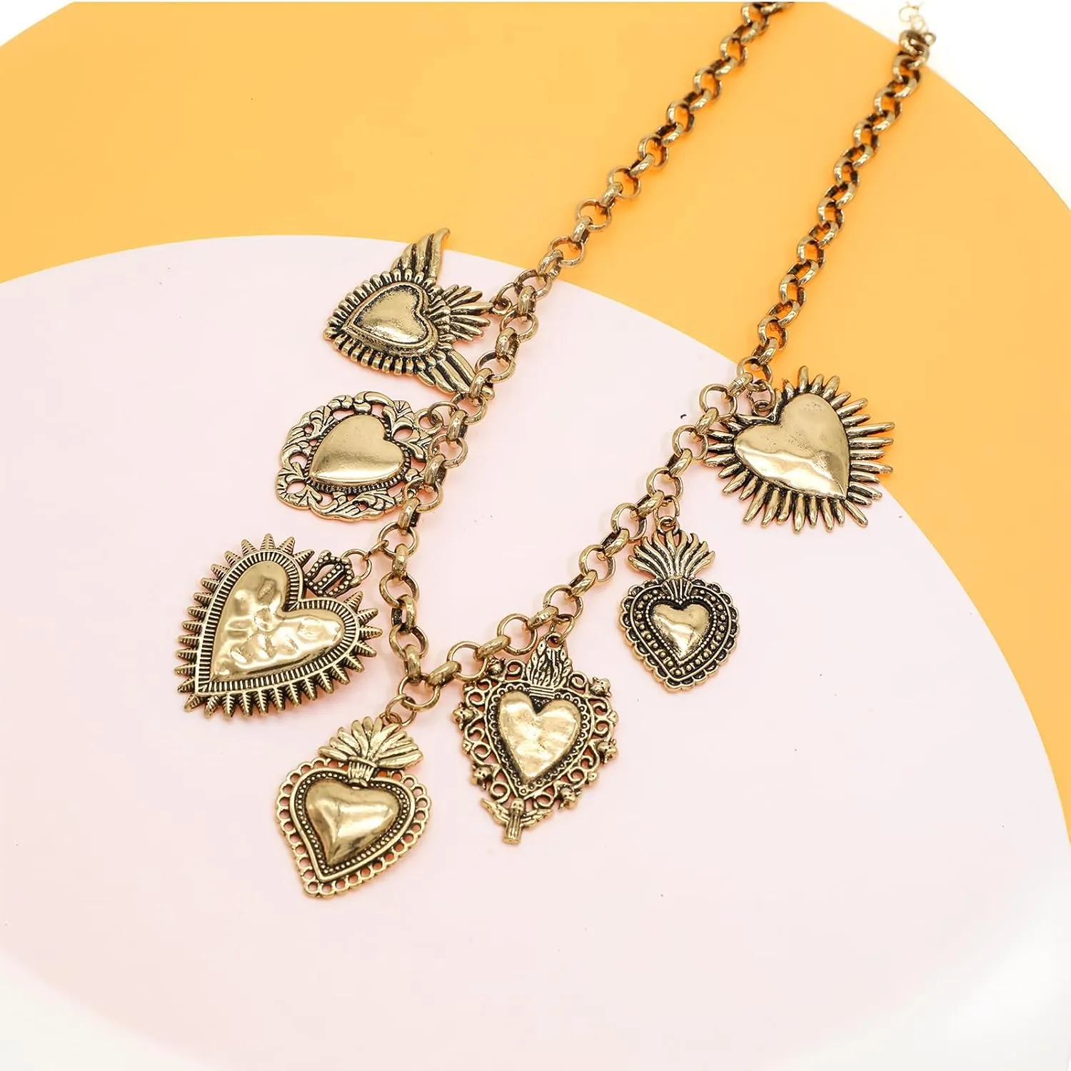JNF Chunky Layer Heart Charm Necklace for Women Boho Heart Sun Flower Key Coins Charms Necklaces Paperclip Link Chain Necklace Y2K Statement Jewelry