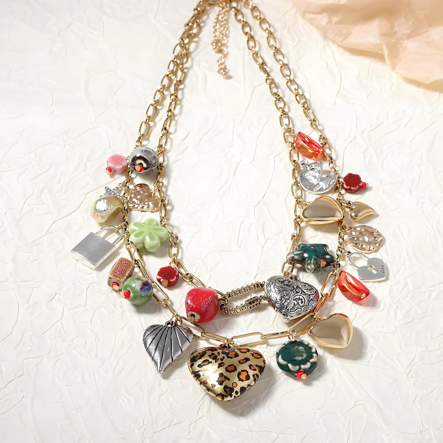 JNF Chunky Layer Heart Charm Necklace for Women Boho Heart Sun Flower Key Coins Charms Necklaces Paperclip Link Chain Necklace Y2K Statement Jewelry