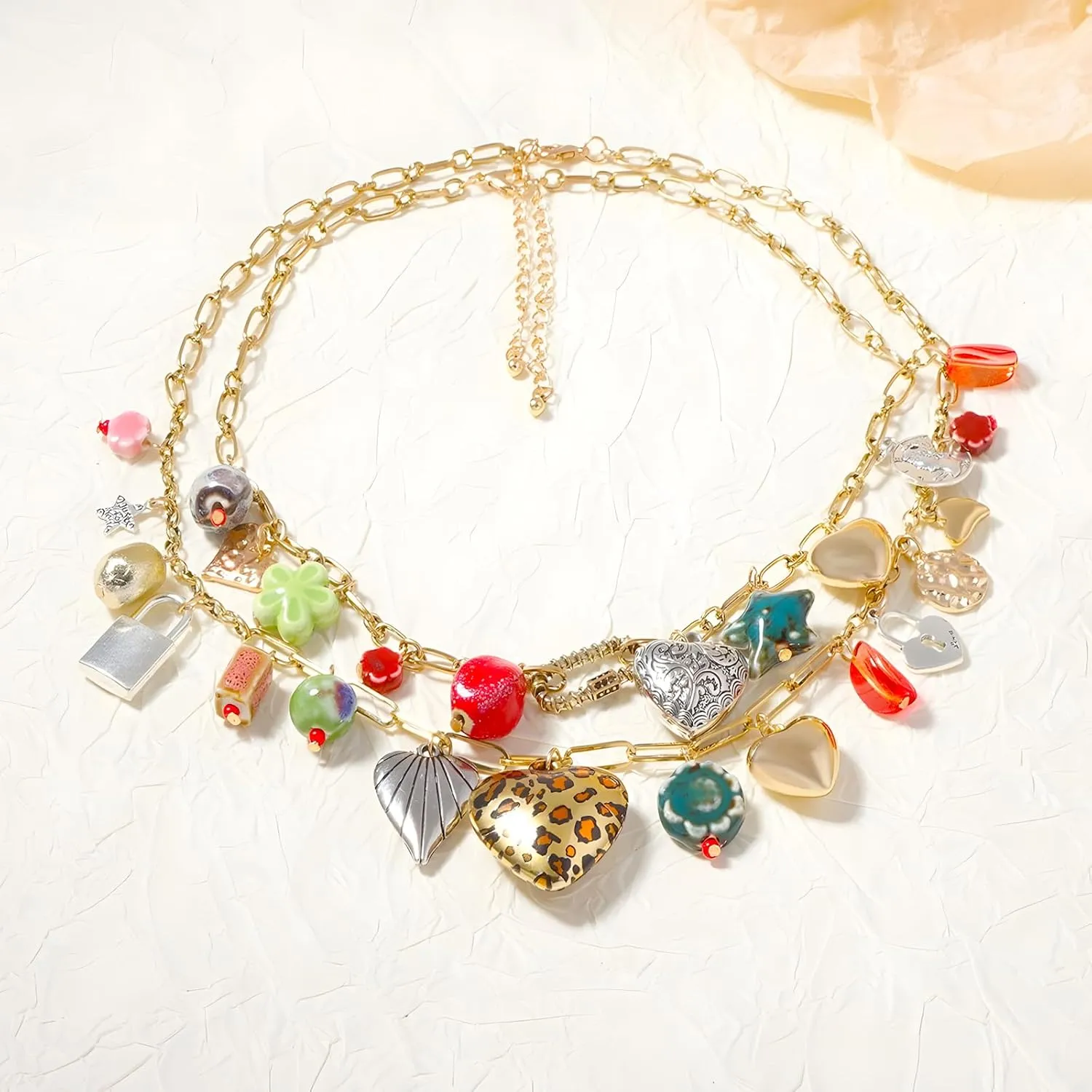 JNF Chunky Layer Heart Charm Necklace for Women Boho Heart Sun Flower Key Coins Charms Necklaces Paperclip Link Chain Necklace Y2K Statement Jewelry