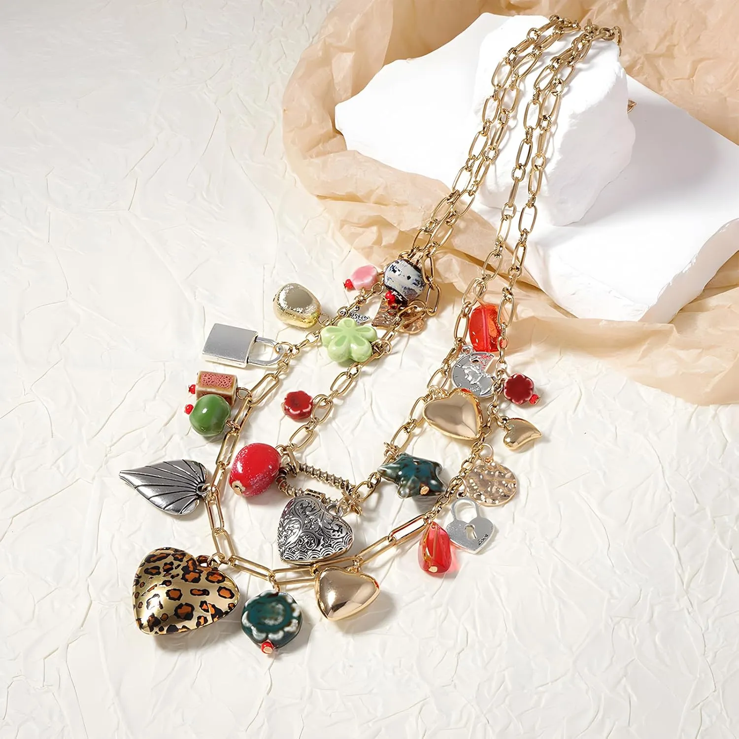 JNF Chunky Layer Heart Charm Necklace for Women Boho Heart Sun Flower Key Coins Charms Necklaces Paperclip Link Chain Necklace Y2K Statement Jewelry