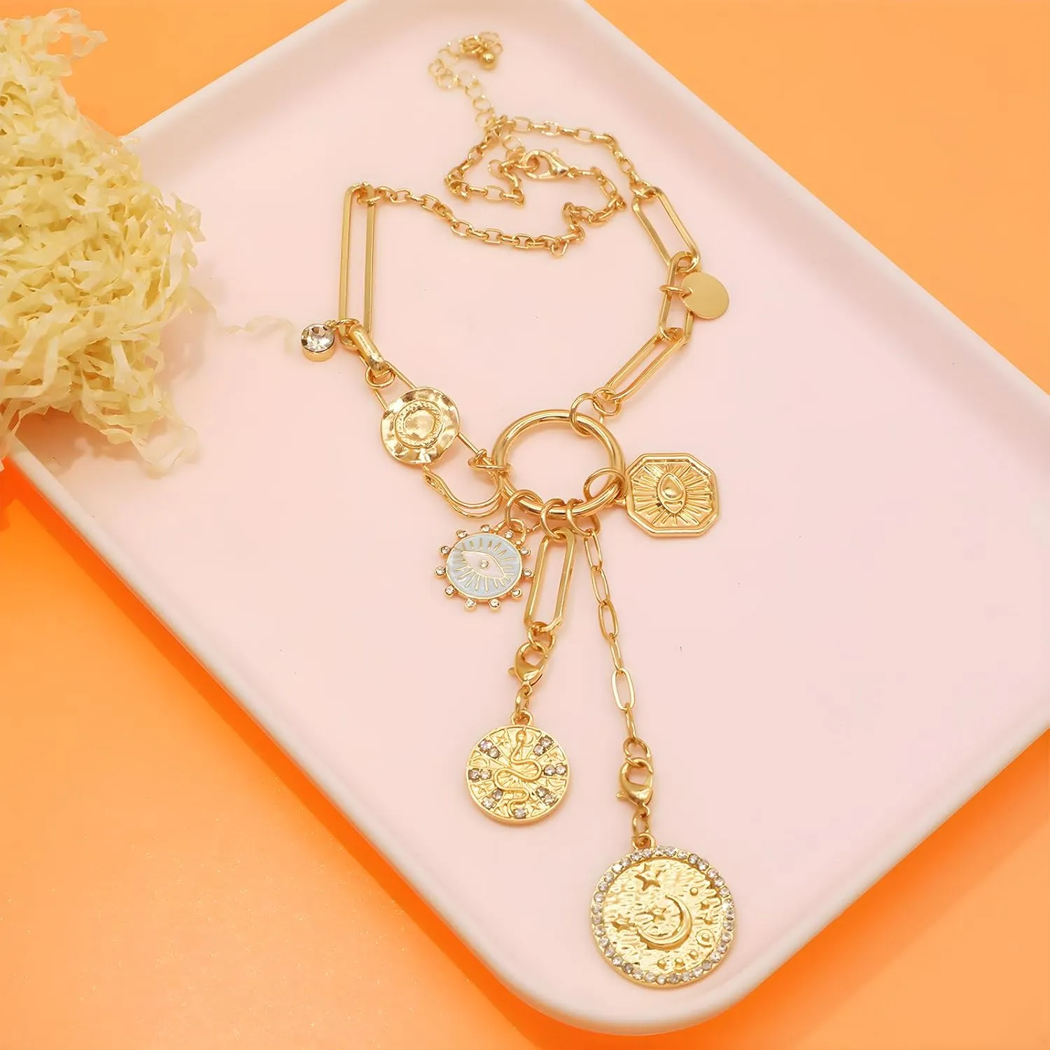 JNF Chunky Layer Heart Charm Necklace for Women Boho Heart Sun Flower Key Coins Charms Necklaces Paperclip Link Chain Necklace Y2K Statement Jewelry