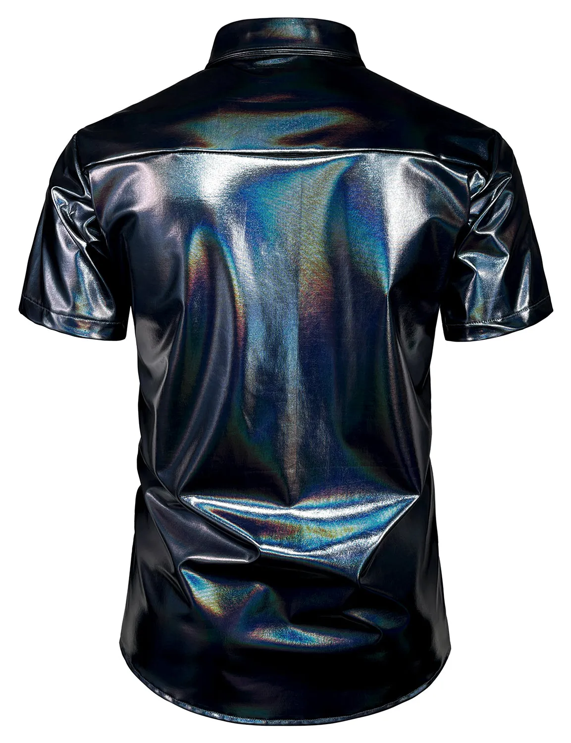 JOGAL Mens Metallic Shiny Nightclub Styles Short Sleeves Button Down Dress Shirts