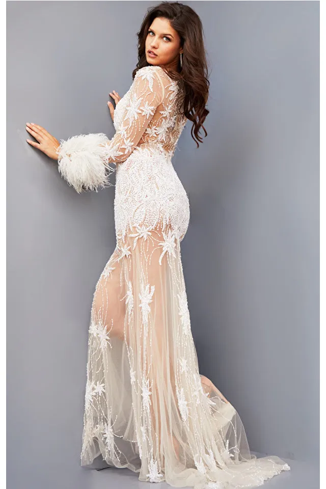 Jovani JB07527 White Embellished Illusion Feathered Embellished Cuffs Closed Sheer Back Long Sleeve Prom Dress
