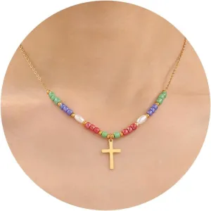 JSJOY Multicolor Glass Beaded Corss Necklaces for Women Girls Dainty Gold Cross Necklaces for Women Trendy Cross Pendant Necklace Jewelry Gifts for Teen Girls Valentine's Day Gifts