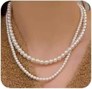 Jumwrit Layered Pearl Choker Necklace Round White Pearl Necklace 2PCS Pearl Necklace Set Fashion Accessories for Women
